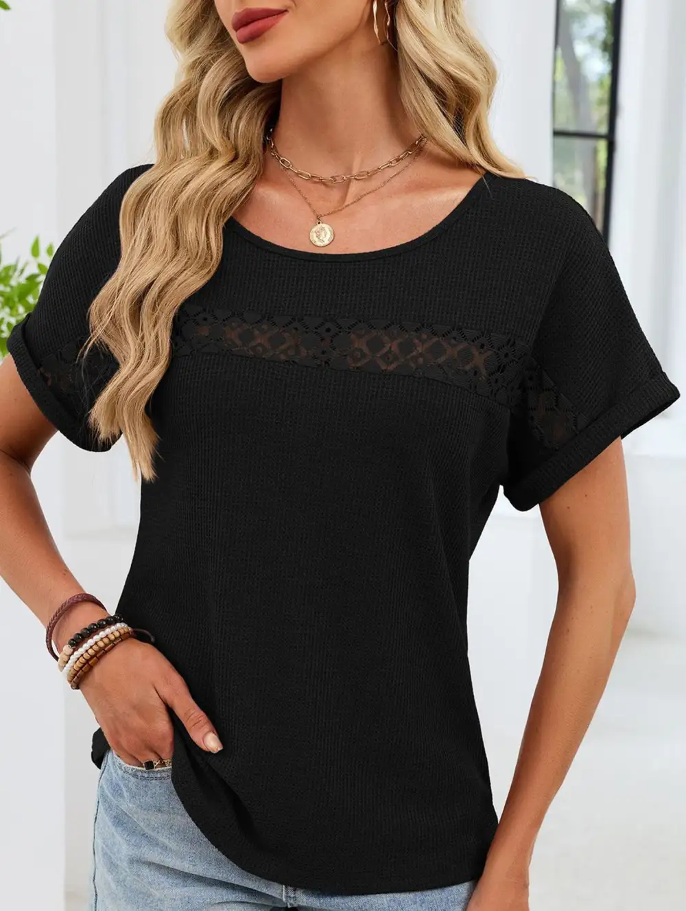 Lace Trimmed Loose Fitting Tee