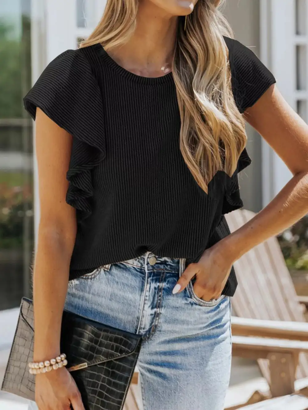 Ruffled Sleeve Ribbed Knit T Shirt Plus
