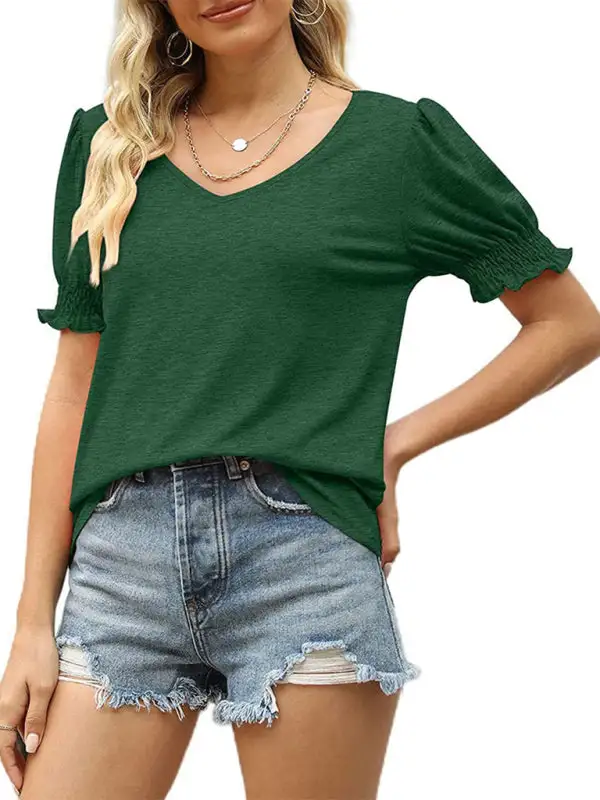 V-Neck Collared Short-Sleeve Puff-Sleeve T-Shirt