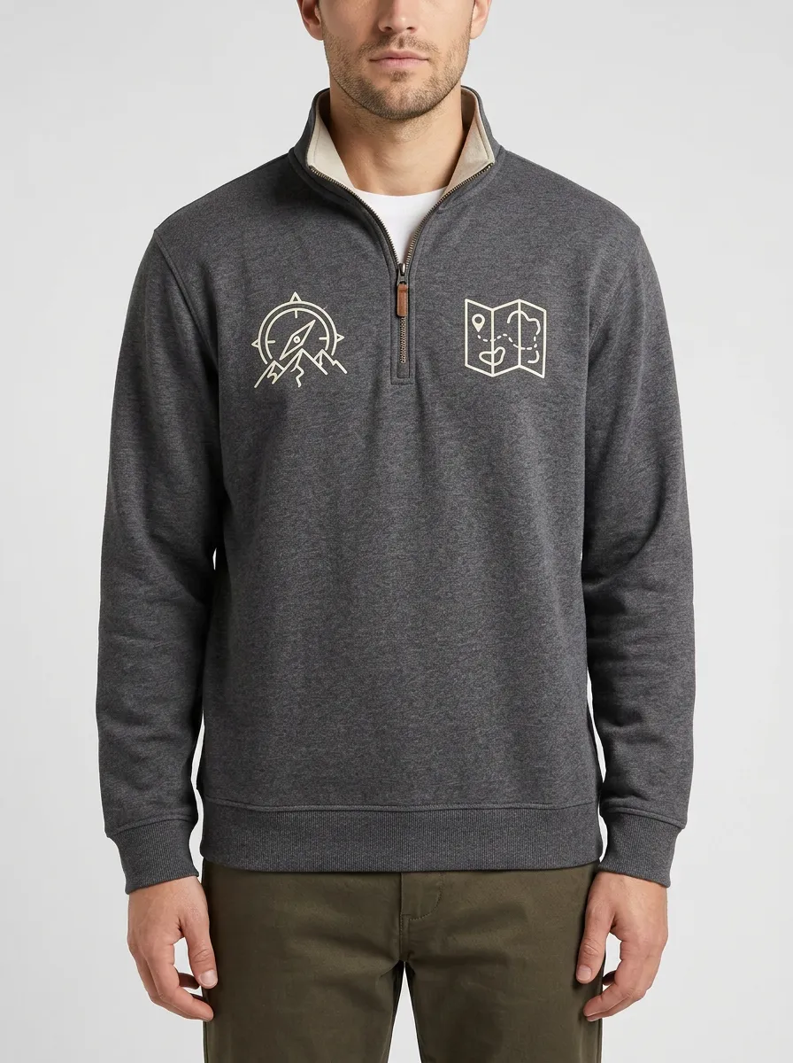 Men's Outdoor Compass Map Graphic Quarter-Zip-Neck Sweatshirt