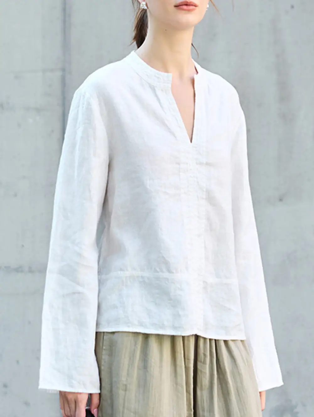 Pure Linen V Neck Long Sleeve Work Tee