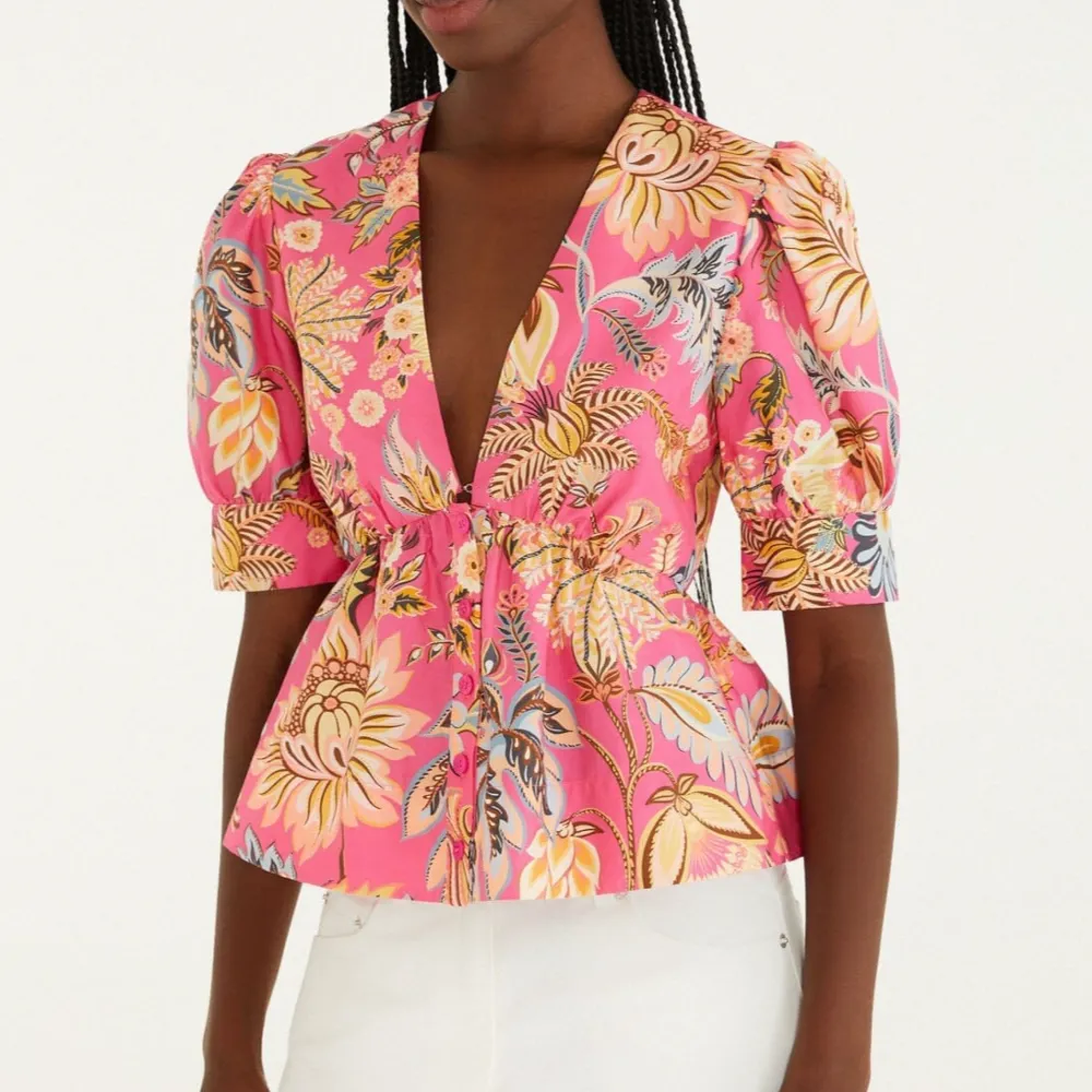 Organic-Cotton Cotton Floral Puff-Sleeve Blouse
