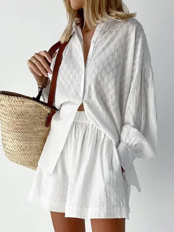 Jacquard Puff Sleeve Top Shorts Commuting Casual Suit