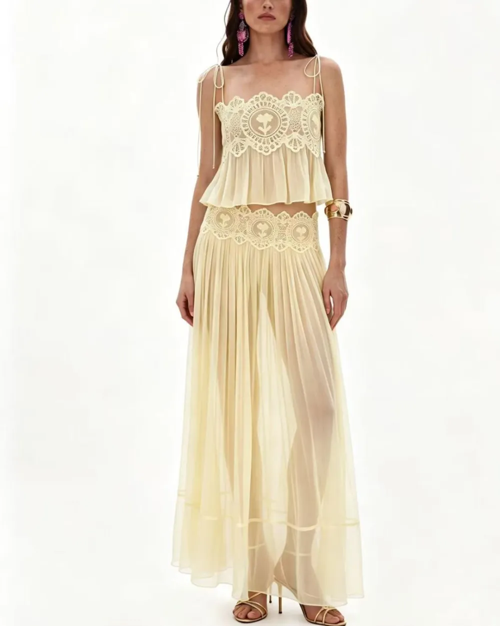 Slim Fit Ruffle Trim Open-Back Chiffon Set