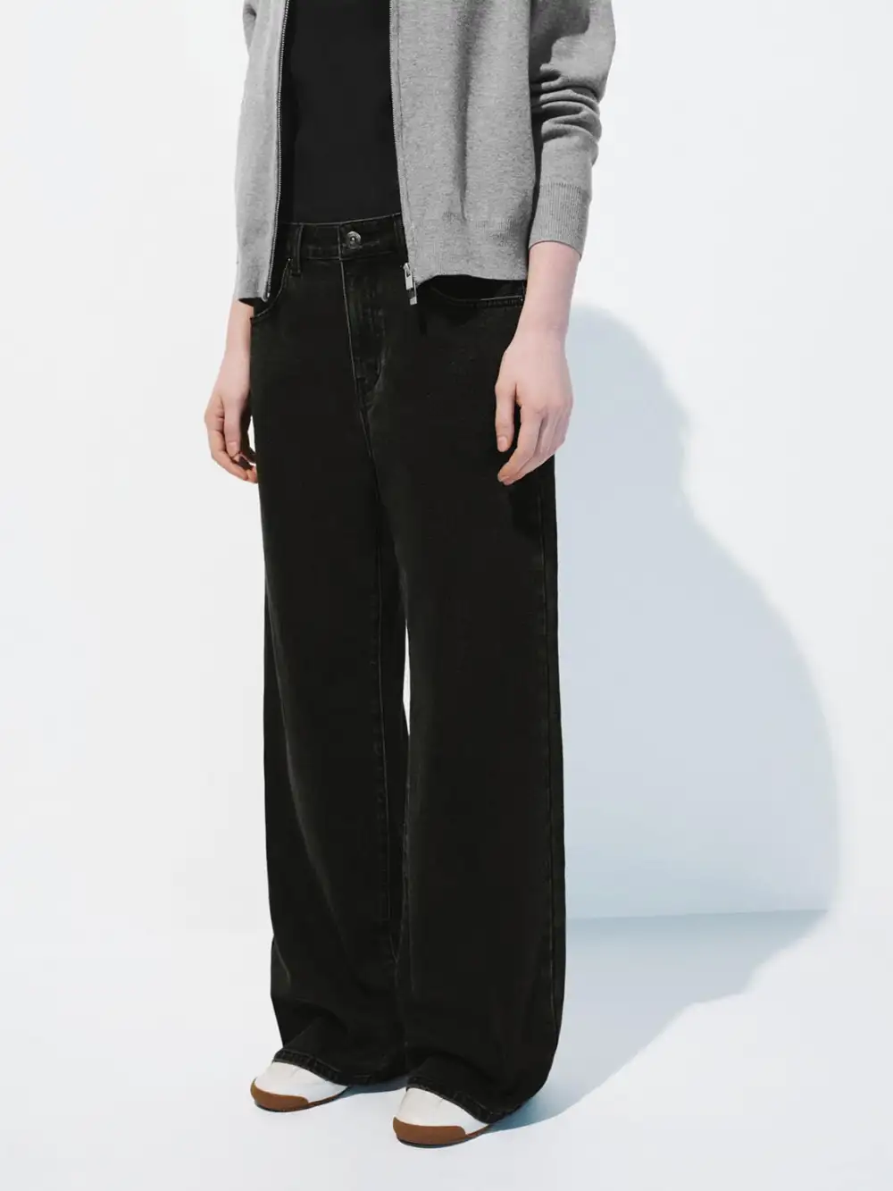 Ladies's Black Casual Denim Wide-Leg Trousers