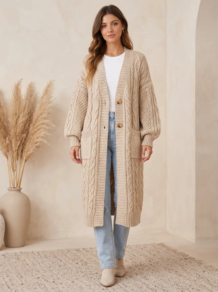 Women's Casual Beige Cable Knit Button Down Long Cardigan