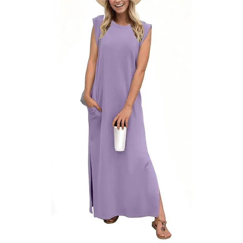 6PACK-Summer Round Neck Casual Loose Split Wrinkle-Free Long  Dress