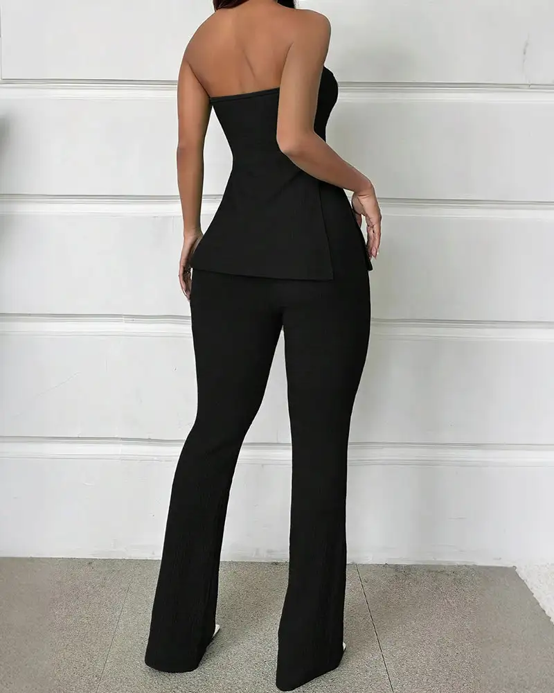 Textured Knit Strapless Slit Top and High-Waist Flare Pants Set
