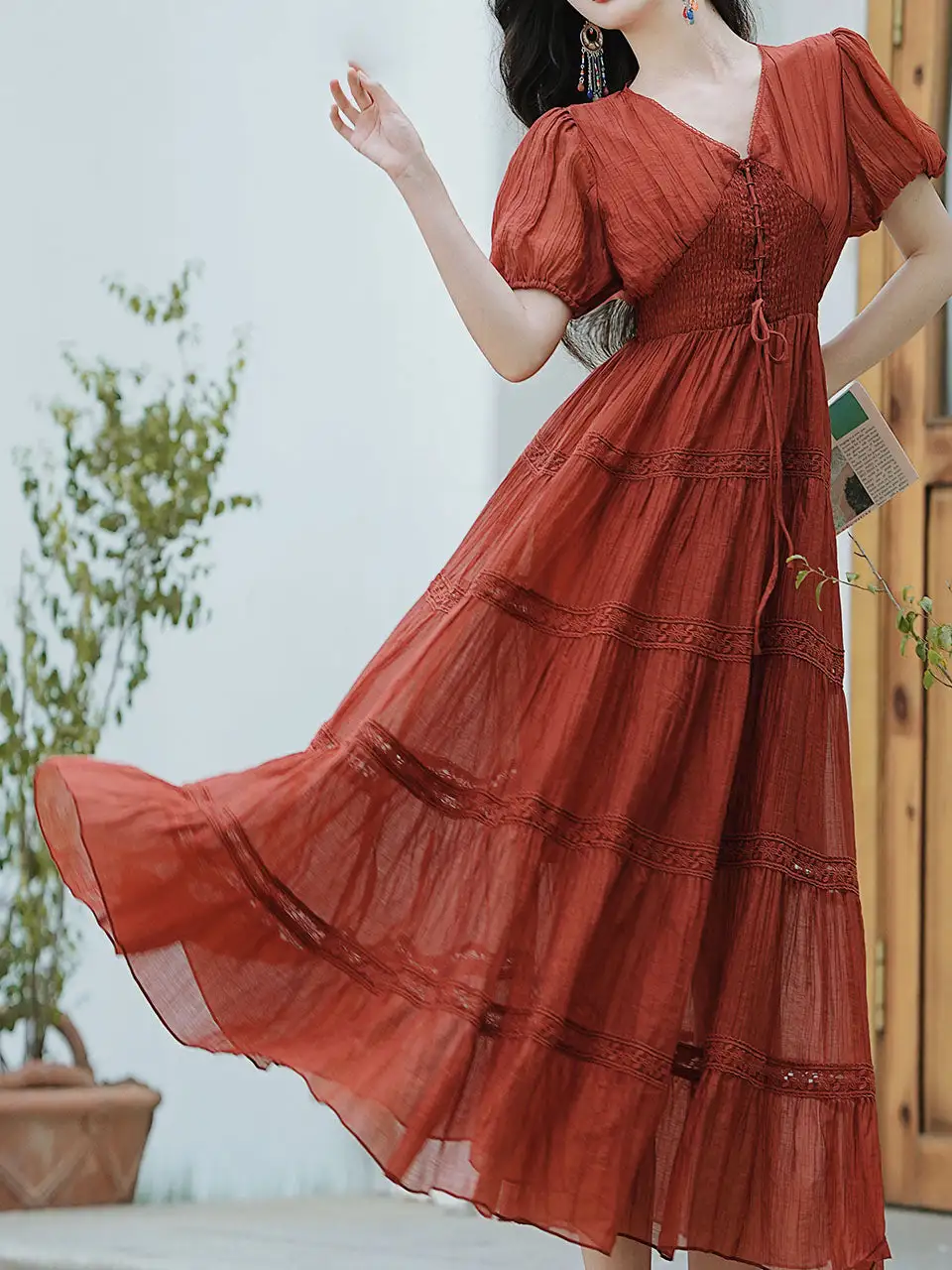 Pleated Puff V Neck Maxi Dress