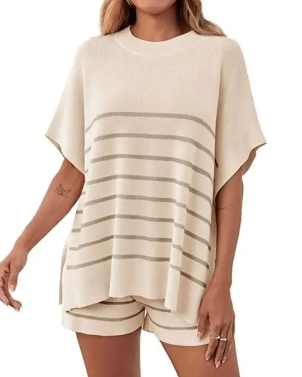 Striped Batwing Top and High-Waist Shorts Two-Piece Lounge Set