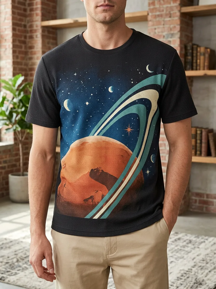Men's Space Astronomy Planet Saturn Classic Crew Neck T-Shirt