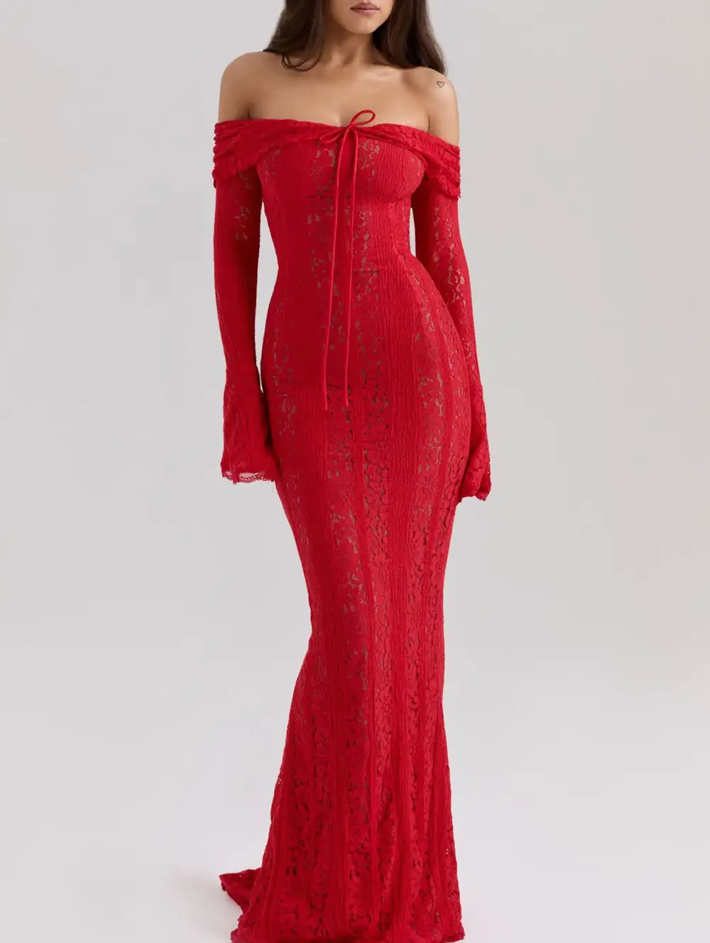 Lace Off Shoulder Bell Sleeve Evening Dress
