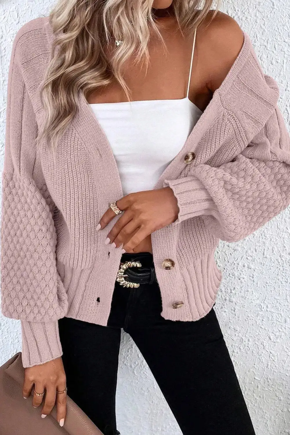 Mixed Texture Knit Button V Neck Cardigan