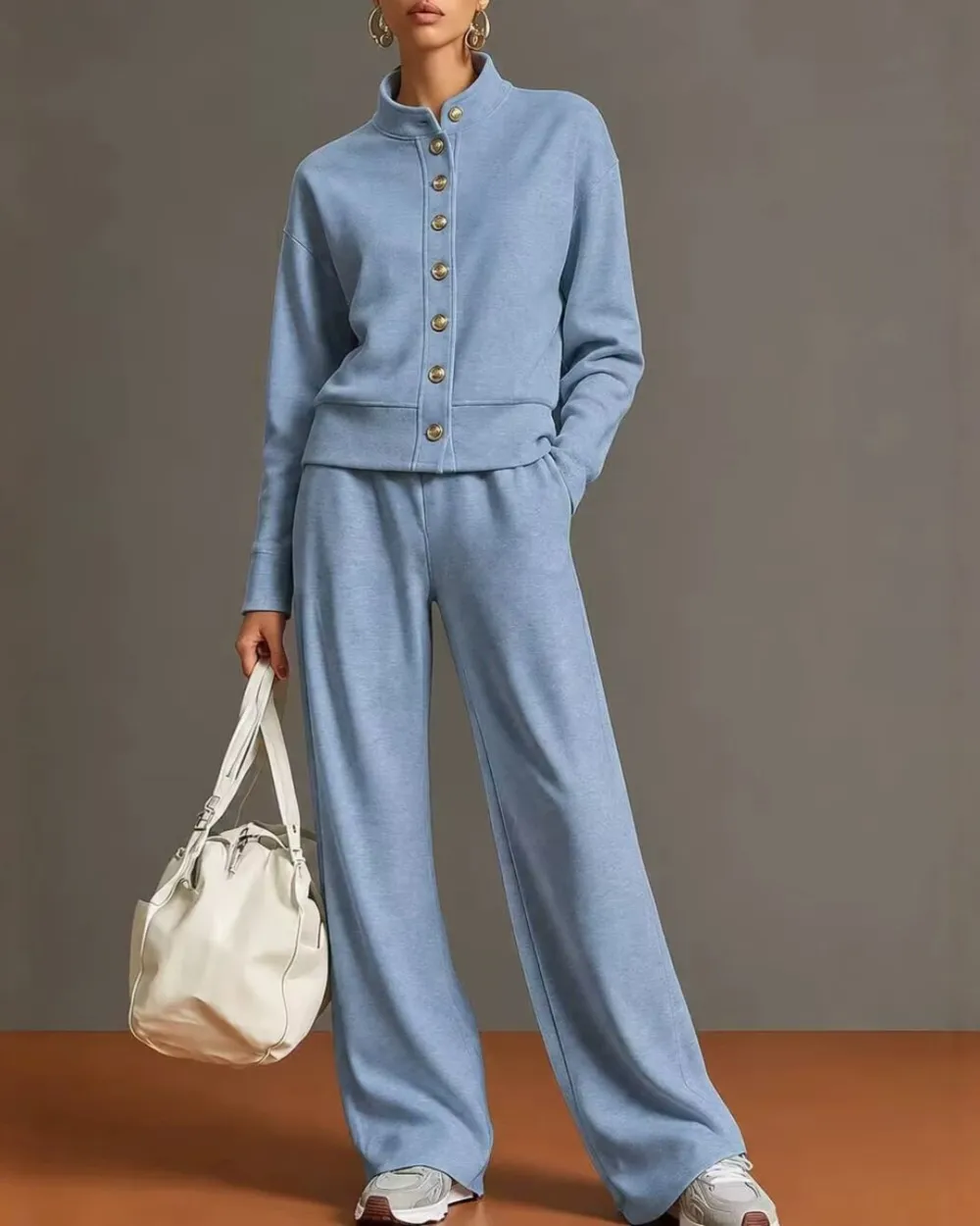Button Cardigan and Wide-Leg Sweatpants Set