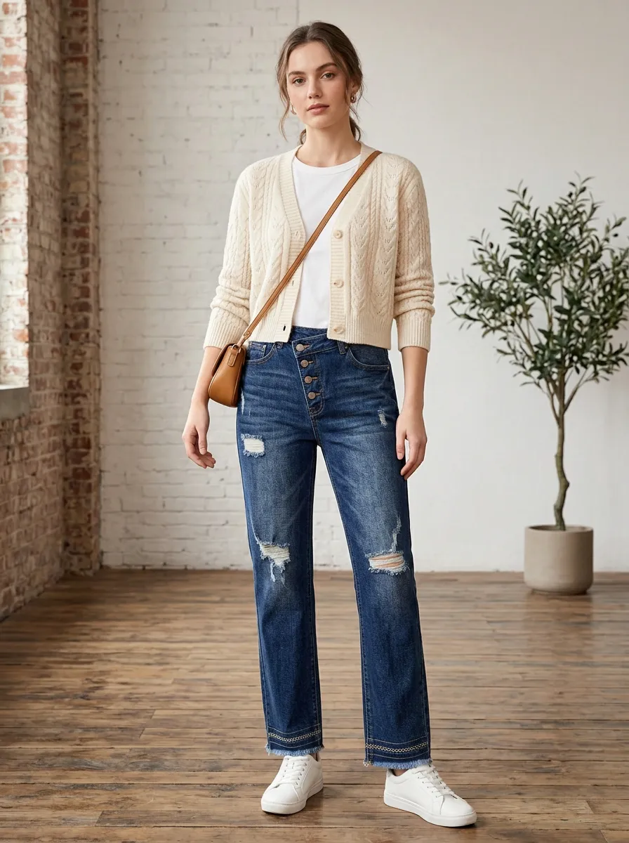 Women's High-Waisted Button-Fly Distressed Raw-Hem Denim Jeans