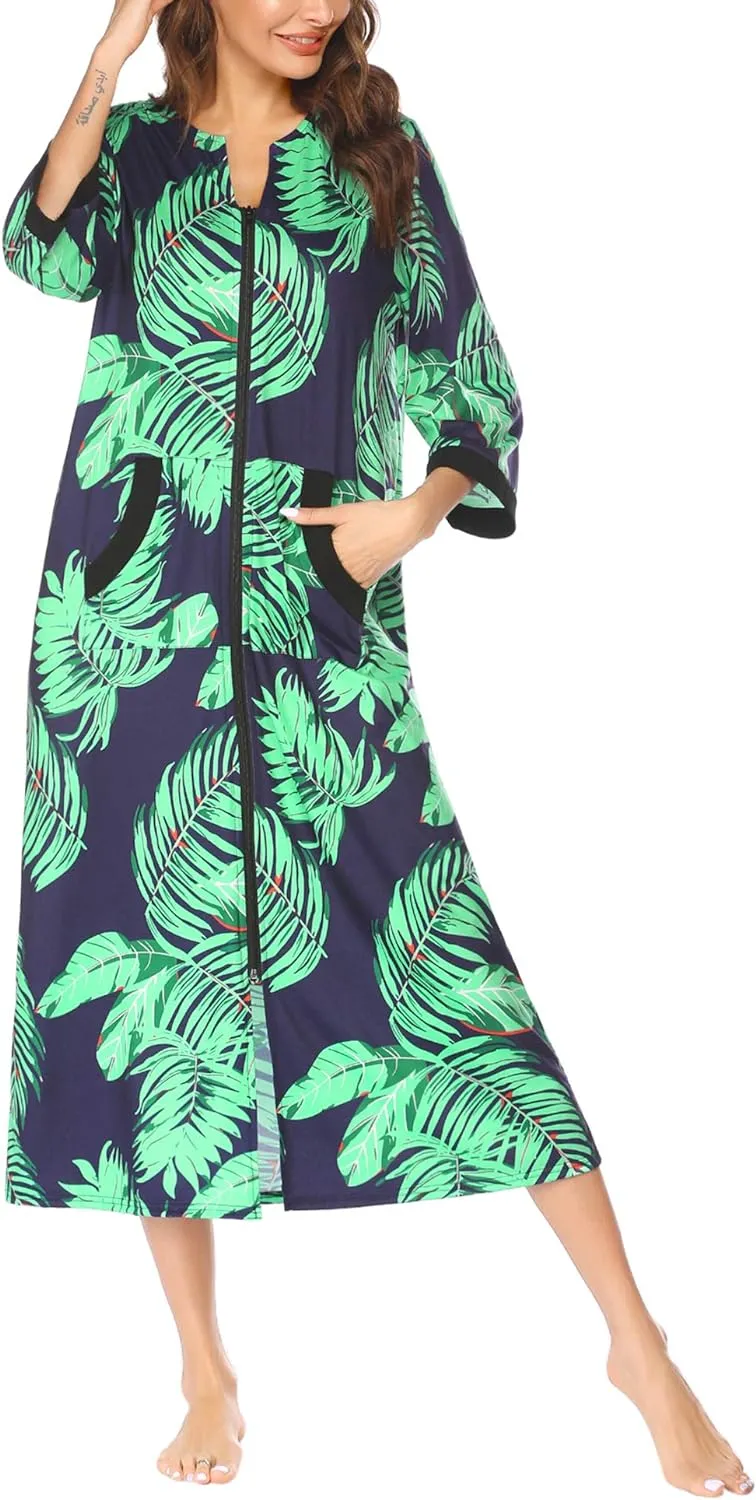 50% OFF Women Zipper Robe 3/4 Sleeves Loungewear Dress Full Length Sleepwear Pockets Housecoat Nightgown Long Bathrobe