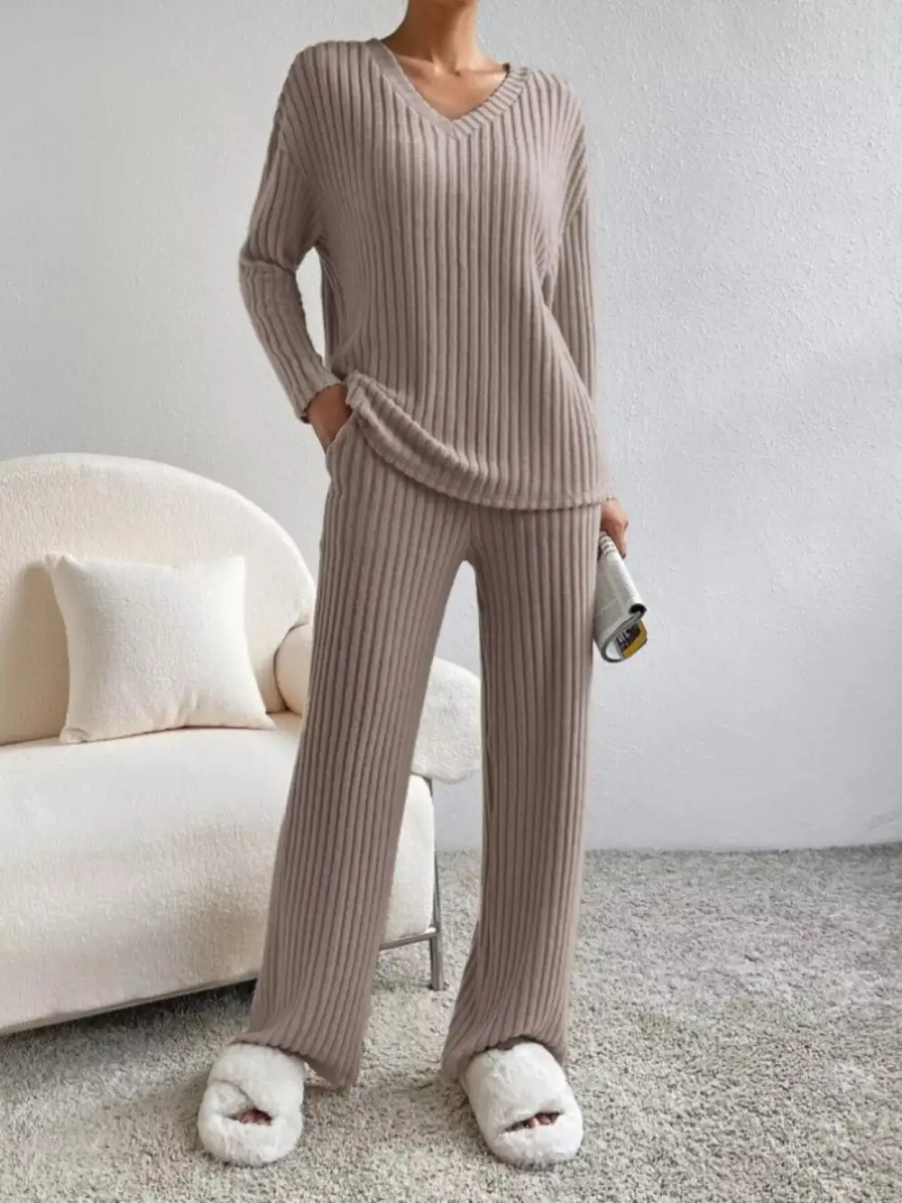 Classic Ribbed Knit V Neck Top and Pants Set