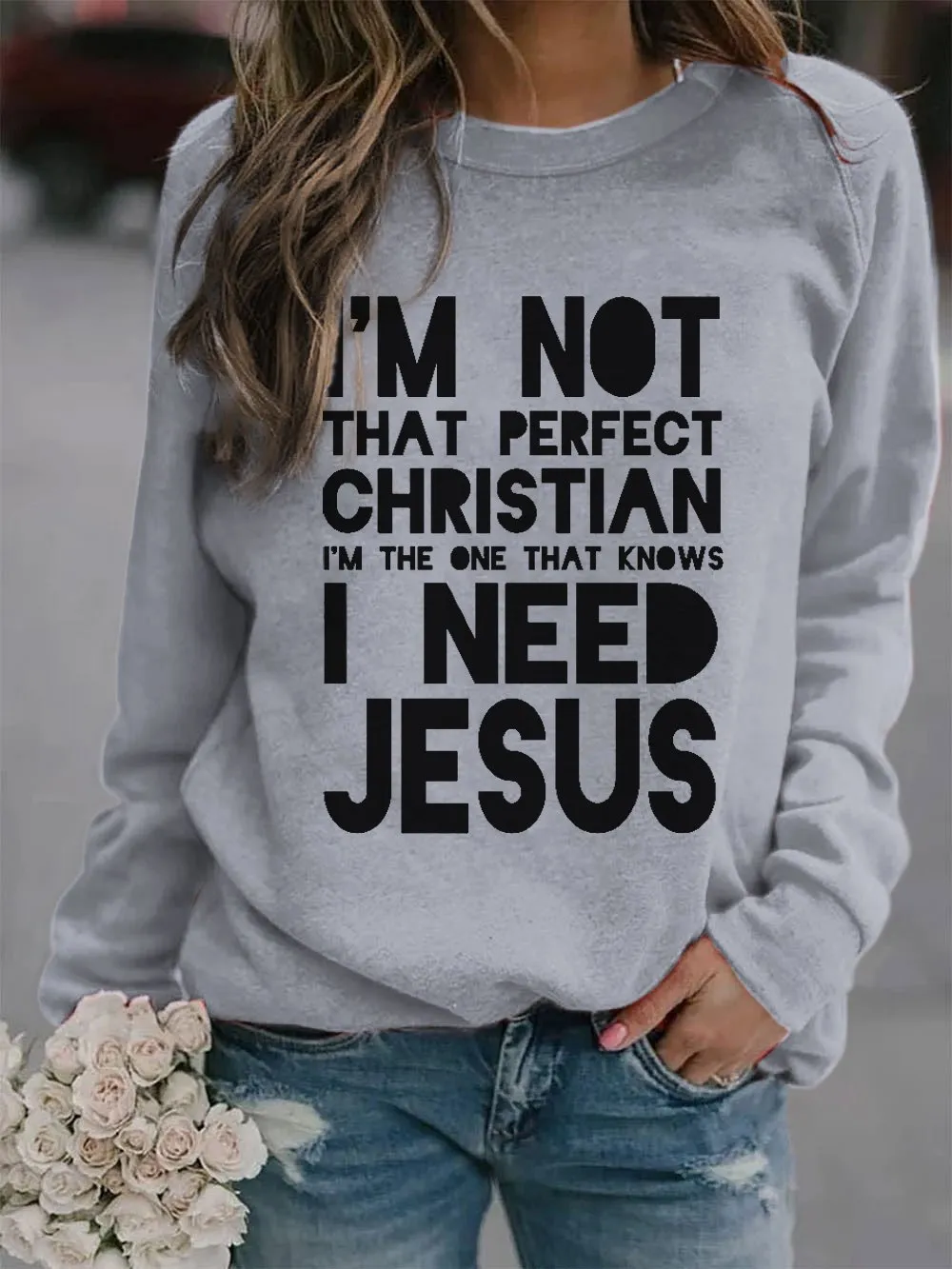 Women's Faith Christian I Need Jesus Print Sweatshirt