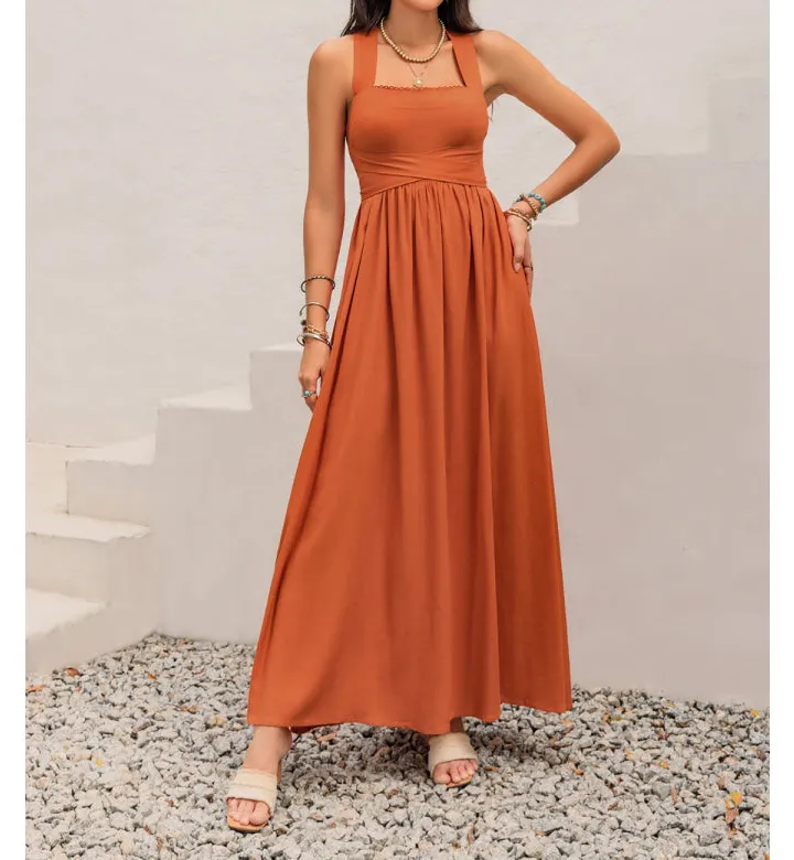 Crisscross Back Smocked Square Neck Maxi Dress