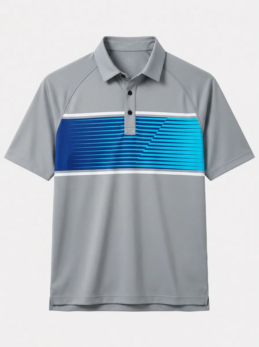 Men's Sporty Blue Gradient Horizontal Stripe Printed Polo Shirt