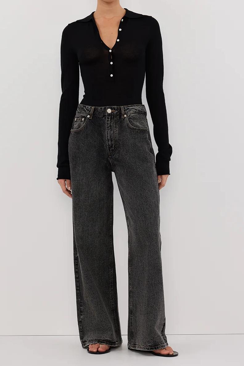 BLACK MERINO POLO KNIT TOP