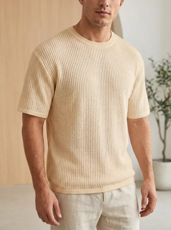 Modern Textured-Knit Minimal Men's Knit Crew-Neck T-Shirt