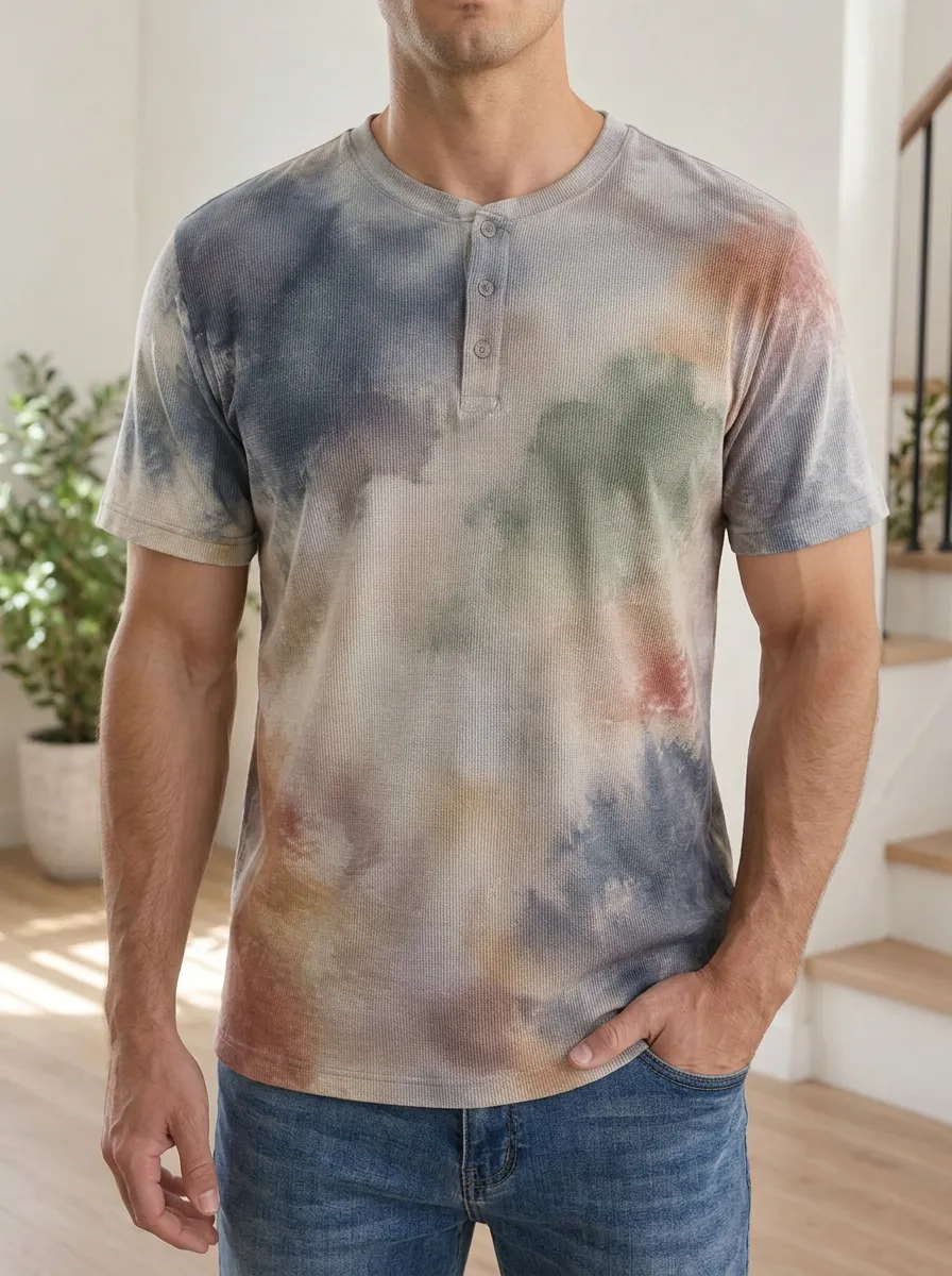 Men's Modern Tie-Dye Waffle Knit Henley T-Shirt