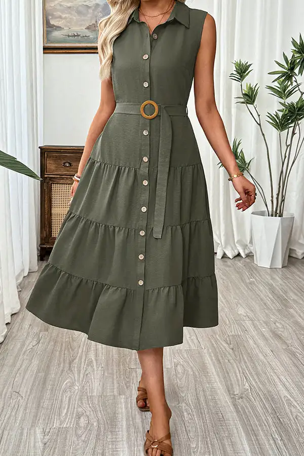 Lapel Button High Waist Midi Dress