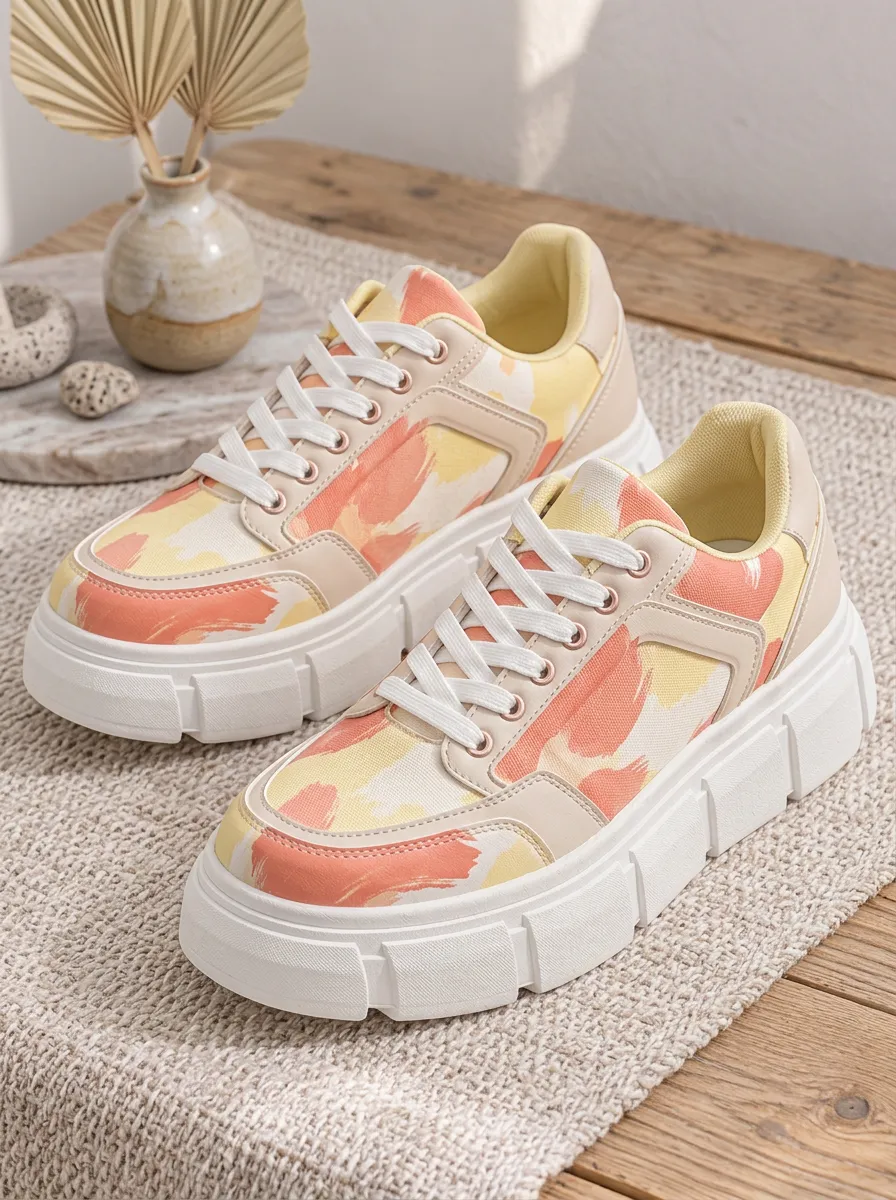 Women's Abstract Brushstroke Yellow Peach Printed Sneakers