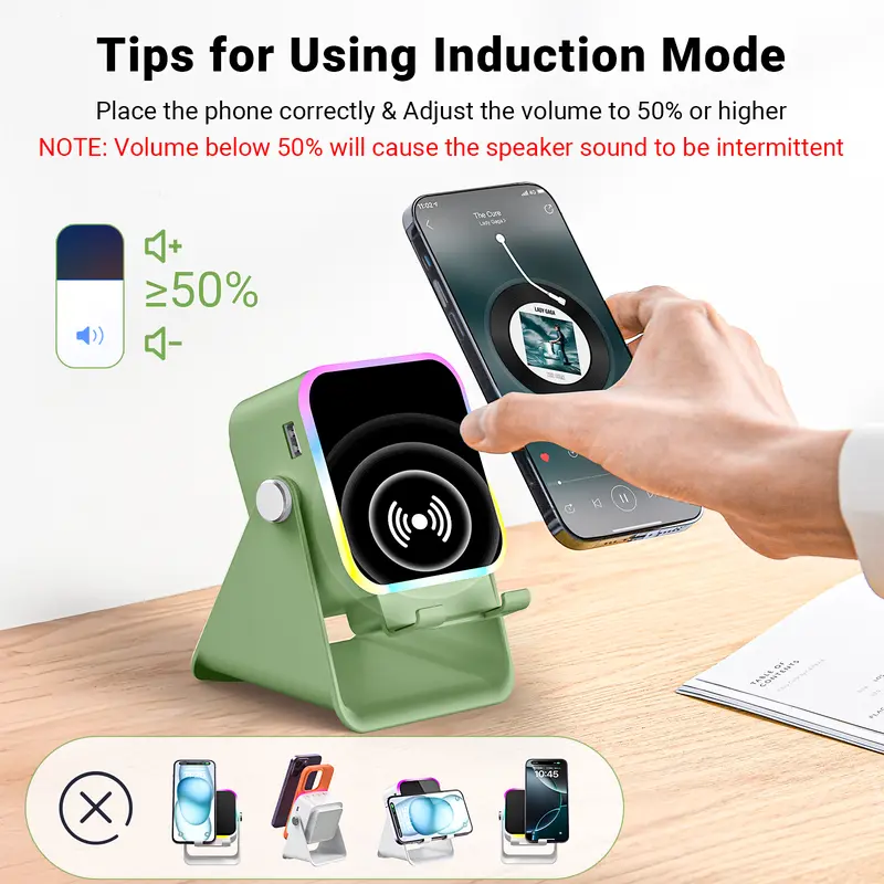 Phone volume and speaker-position guidance for induction playback