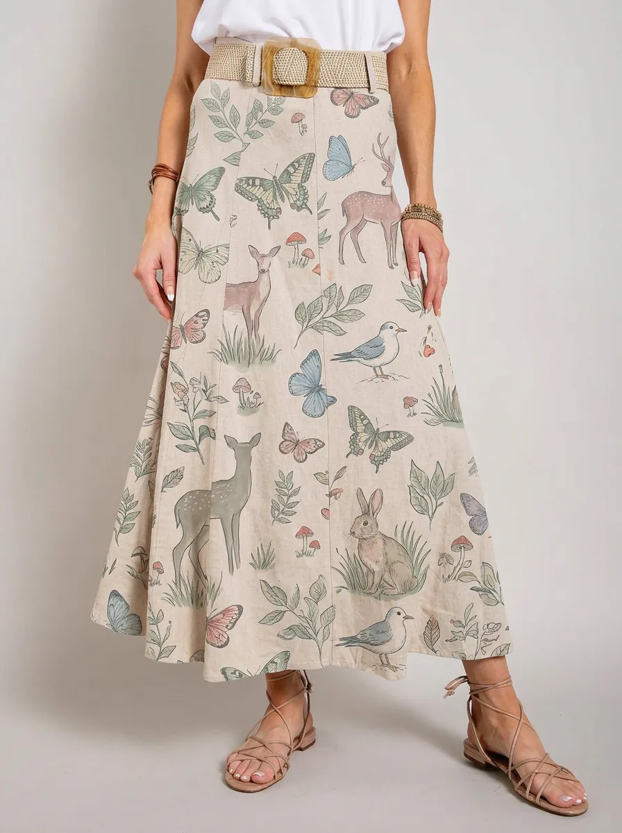 Women's Woodland Nature-Inspired Deer Butterfly Rabbit Printed Midi Skirt