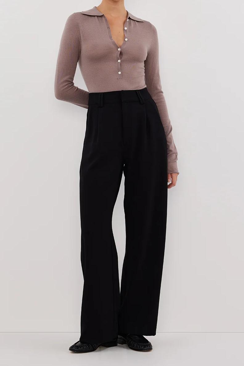 TAUPE MERINO POLO KNIT TOP