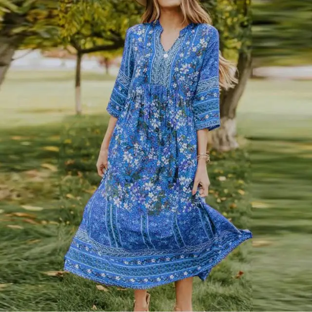 Summer Boho Floral V Neck Half Sleeve Loose Dress