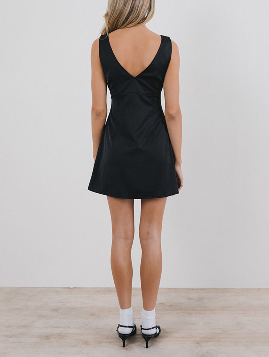 Mini Dress In Satin Black With Ivory Bow