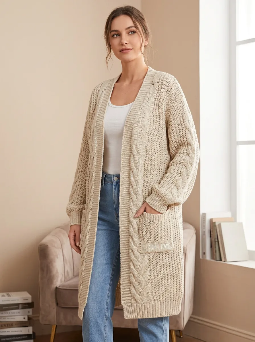 Women's Soft Days Cozy Cable Knit Open-Front Long Cardigan