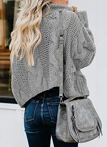 Women's 2025 Turtleneck Balloon Long Sleeve Casual Loose Chunky Cable Knit Pullover Sweater Outerwear