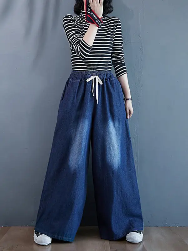 Relaxed Fit Wide Leg Drawstring Jeans