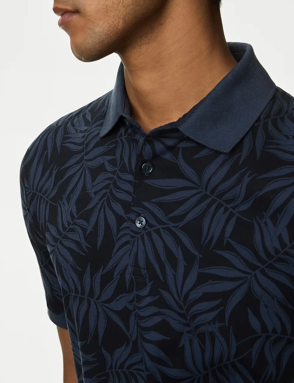 Navy Leaf Print Pure Cotton Polo Shirt