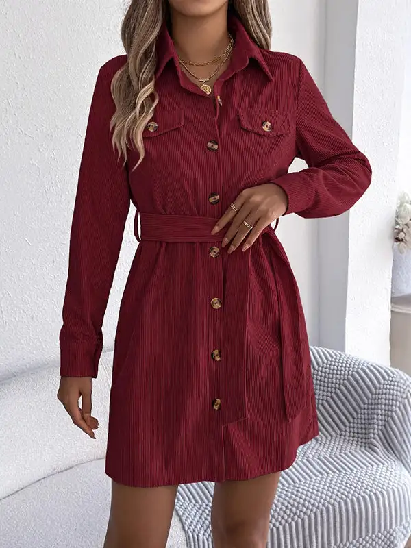 Elasticated Waist Long Sleeve Belted Buttoned Single Breasted Solid Color Lapel
