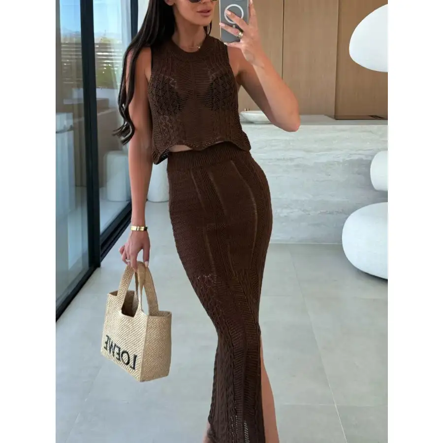 Openwork Round Neck Top and Slit Skirt Sweater Set