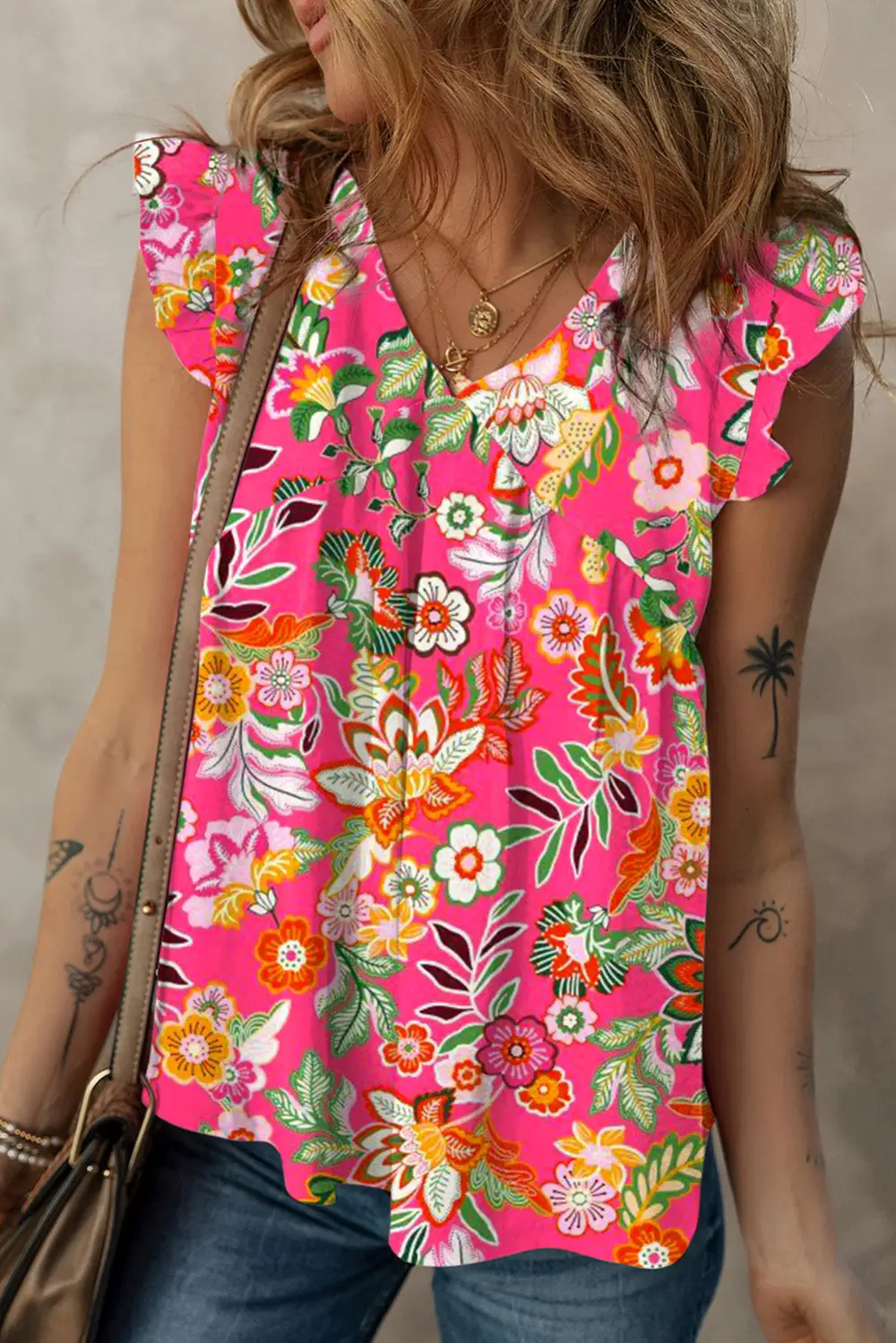 Floral V Neck Ruffle Tank Top