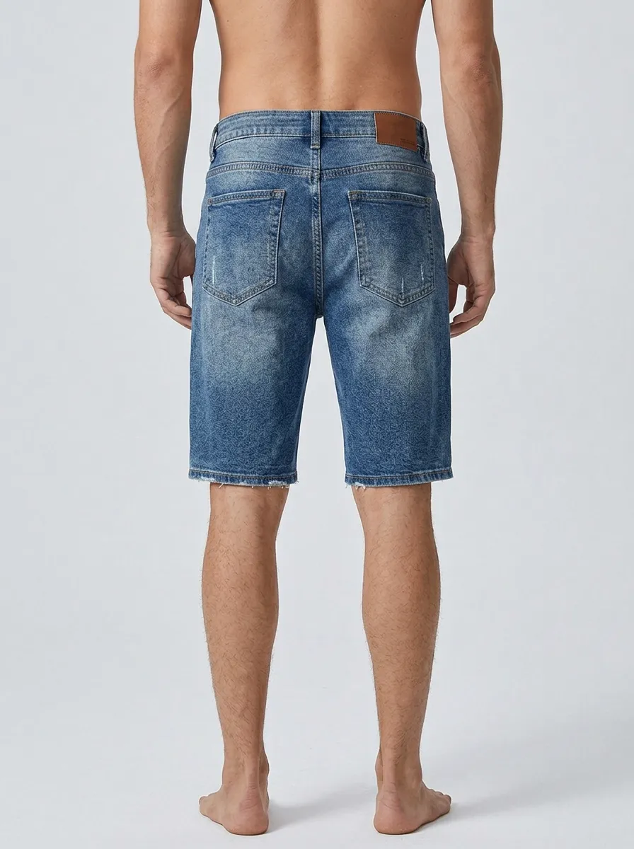 Men's Geometric Distressed Raw Hem Line Graphic Distressed Denim Shorts