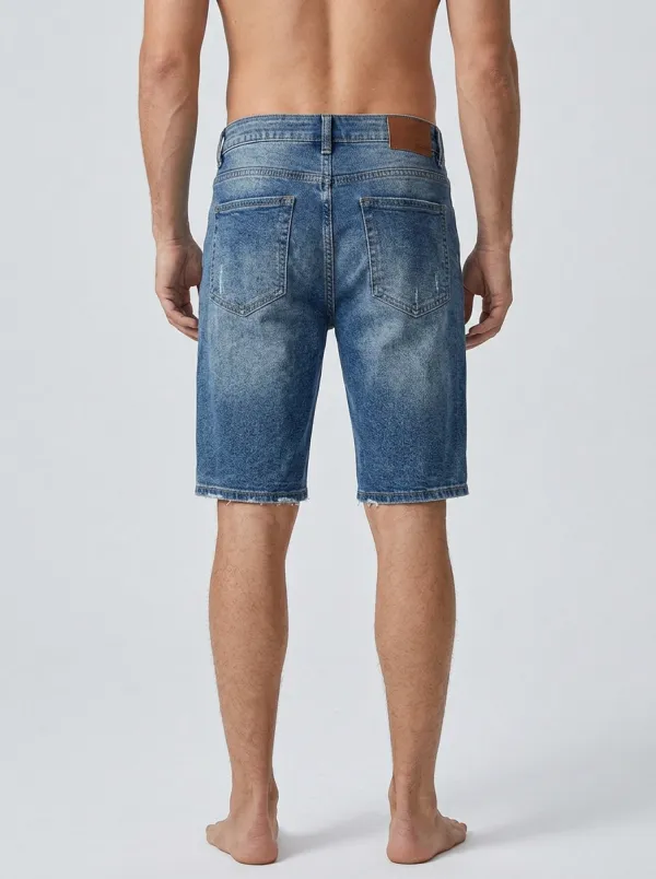 Men's Geometric Distressed Raw Hem Line Graphic Distressed Denim Shorts