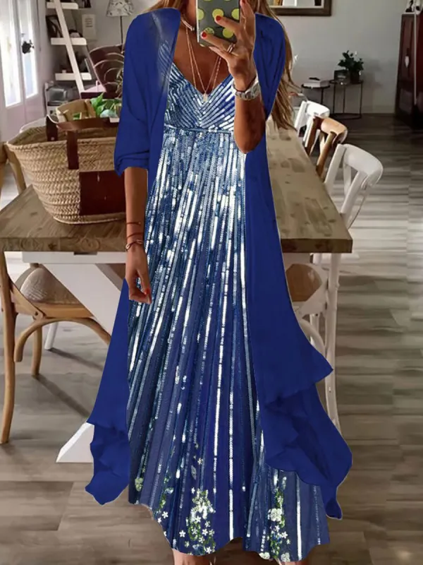 V-neck Printed Loose Long-sleeved Suit Maxi Dress