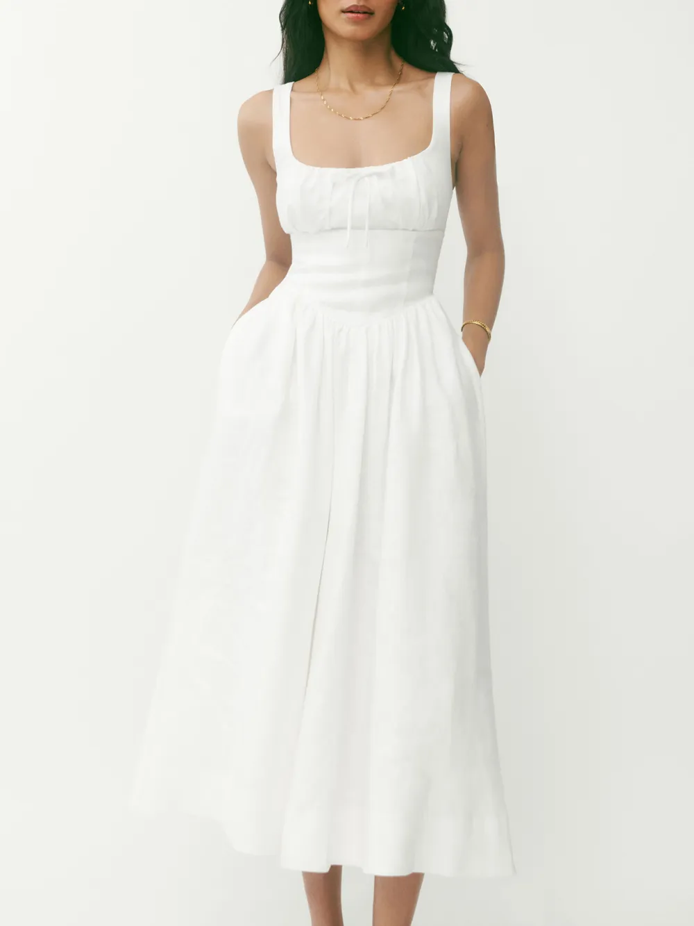Square Neck Linen A Line Midi Dress