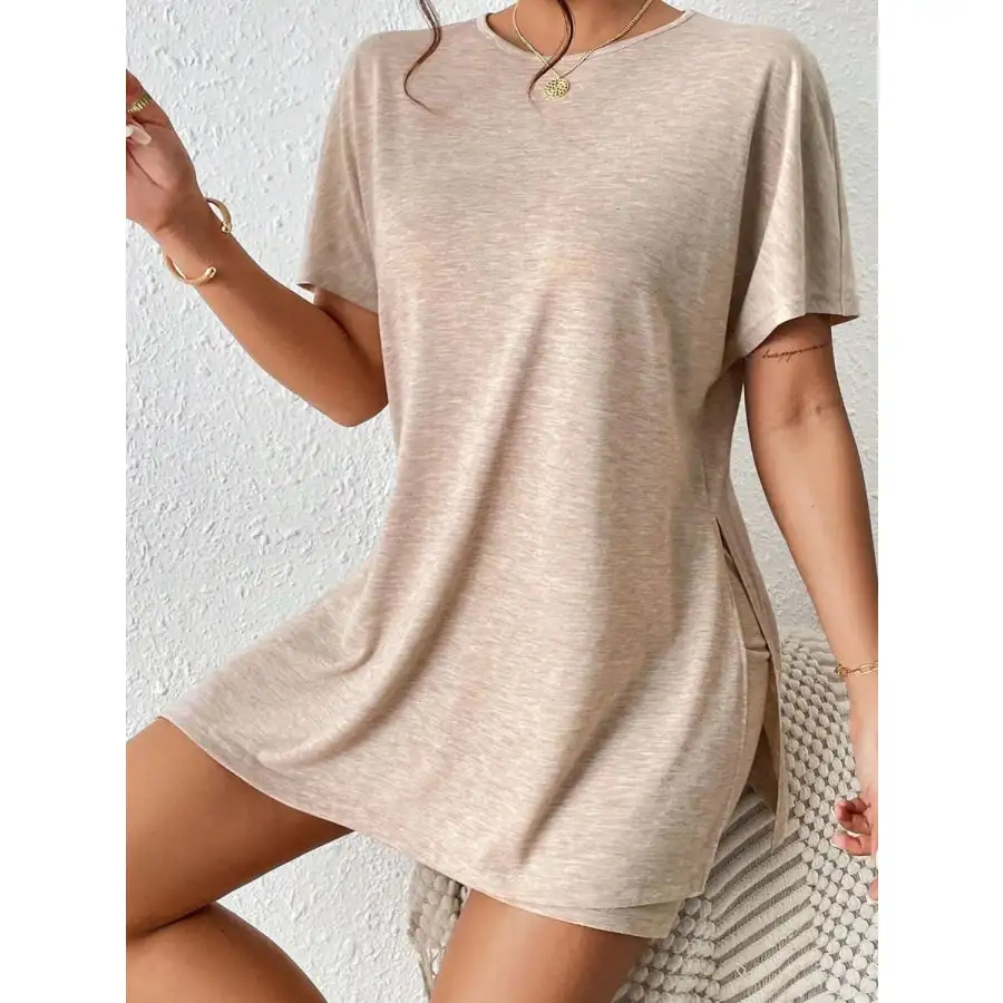 Slit Round Neck Short Sleeve Oversized Top and Shorts Set