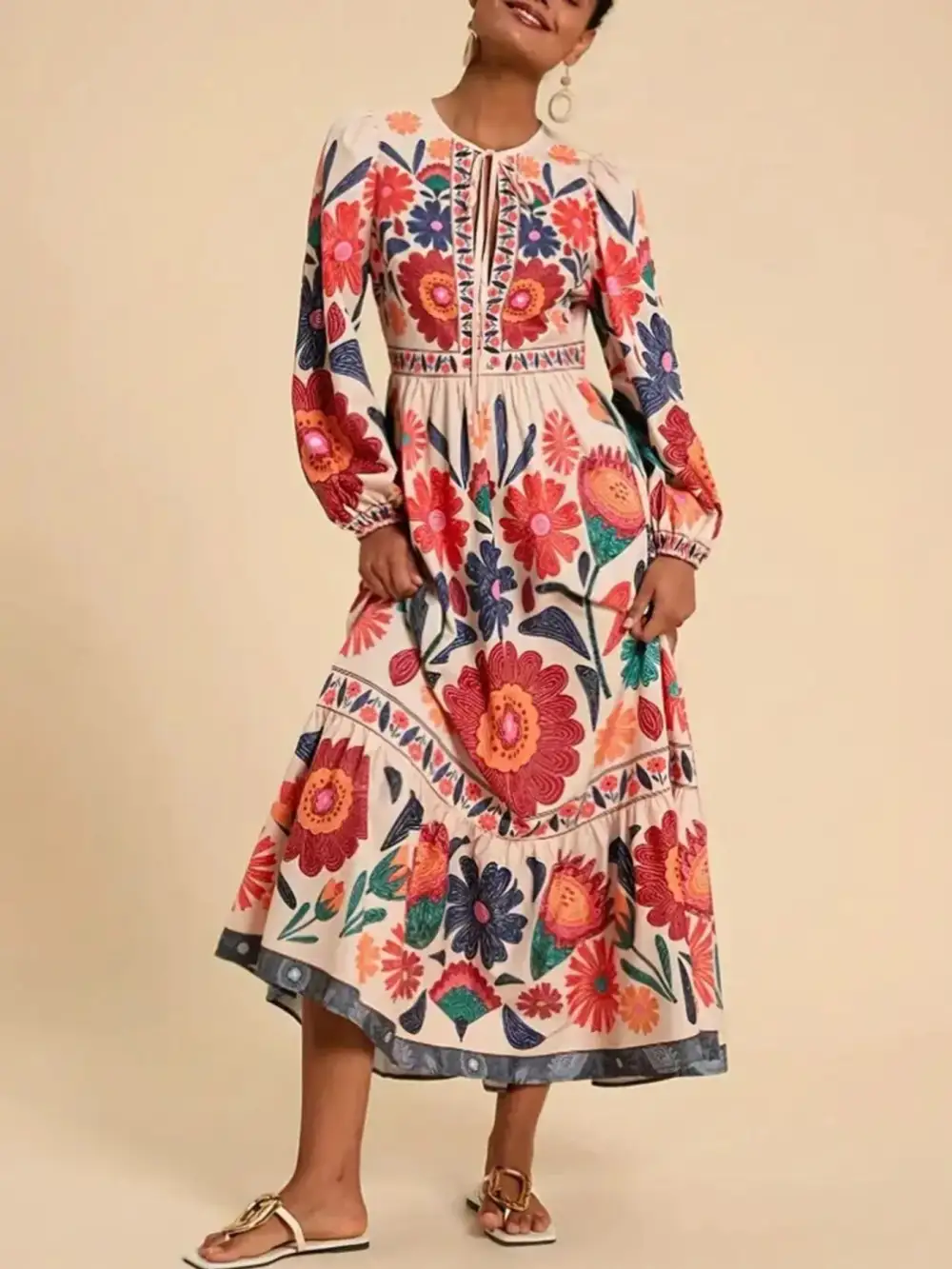 Floral Tie Waist Long Sleeve Dress Casual