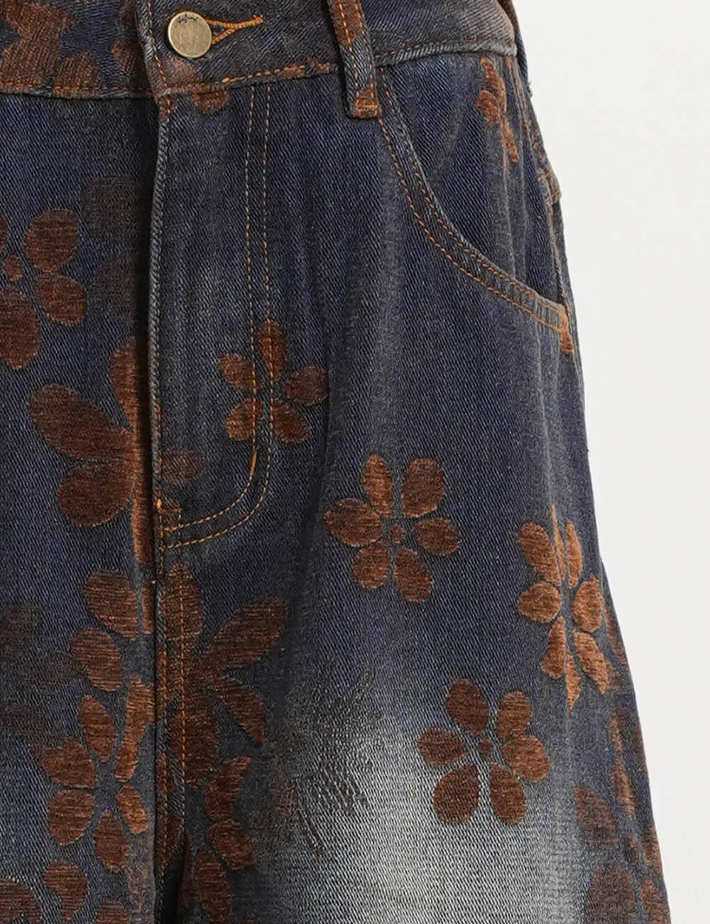 Floral Print Fleece Lined Wide Leg Barrel Denim Pants