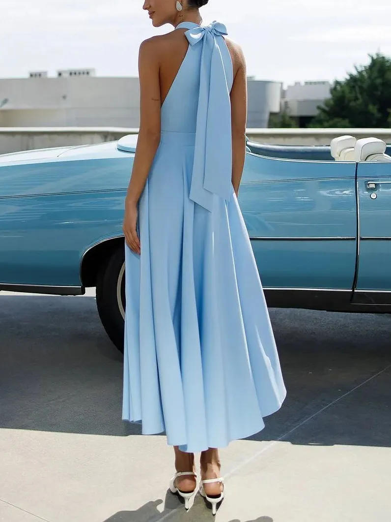 Elegant Halter Neck Flared Midi Dress