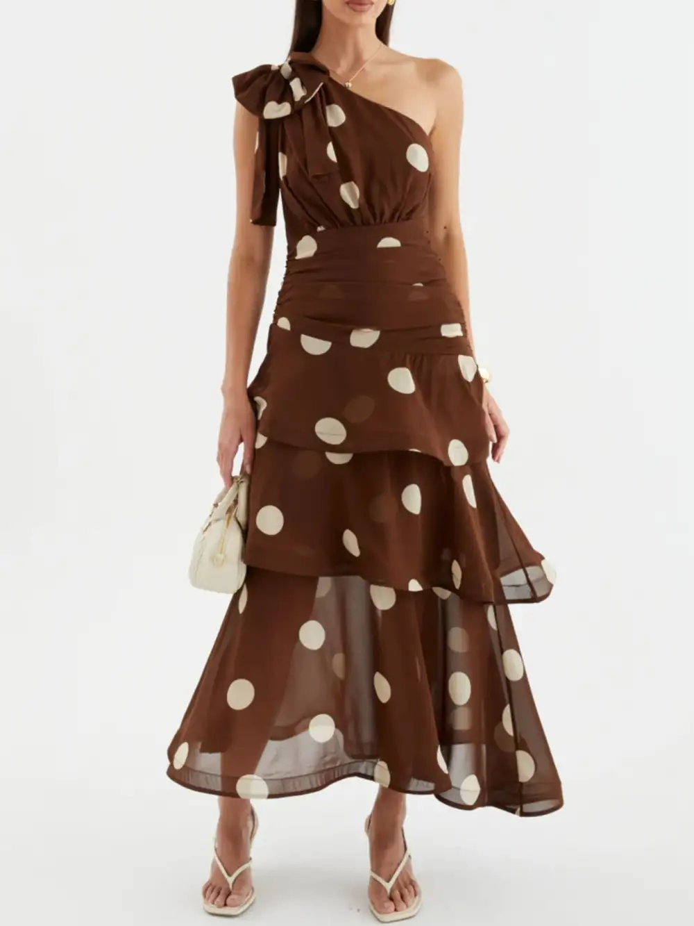 Tiered One-Shoulder Polka-Dot Casual Dress